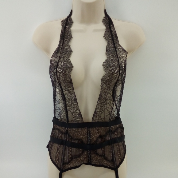 Victoria Secret Lace Plunge Black Silver Metalic Boning Halter Teddy L